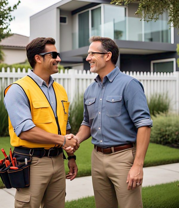 happy client with electrcian in front of happy client with electrcian in front of